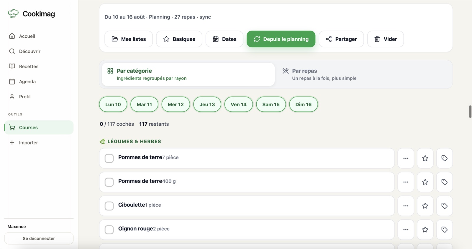 Liste de courses Cookimag générée depuis le planning