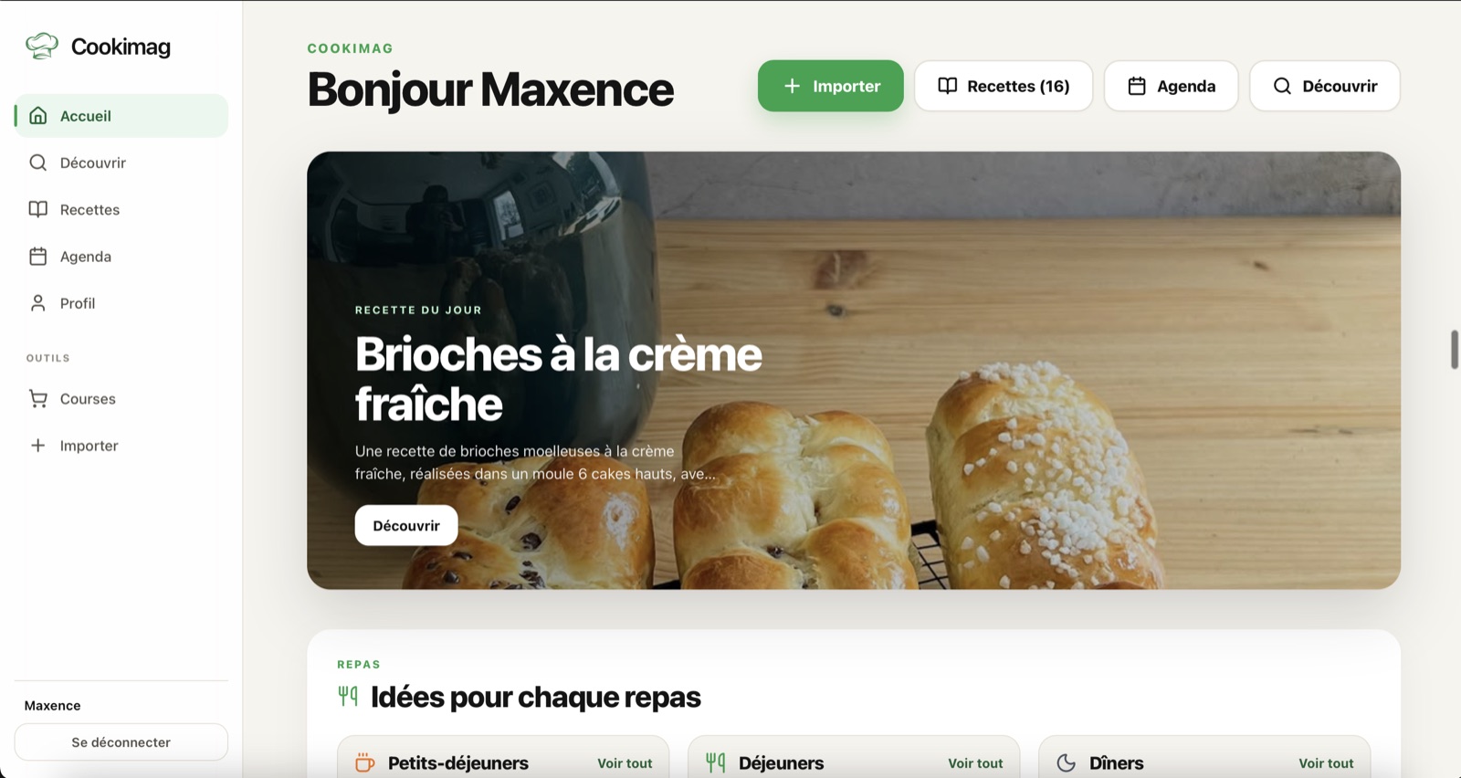 Interface Cookimag — bibliothèque de recettes